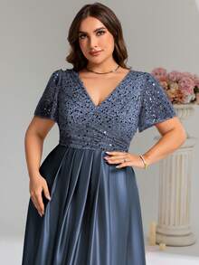 EVERPRETTY 大码女士亮片V领短袖晚礼服，灰蓝色正式礼服，适合婚礼、毕业典礼、派对等春季场合 - 霧霾藍 - 查看 6