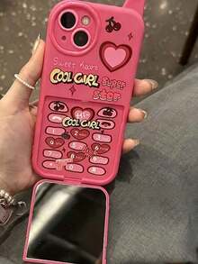 1pc Vintage Y2K Cherry Heart 3D Pink Makeup Mirror Phone Case, Suitable For IPhone 16 15 14 13 12 11 Pro Max, Solid Color Shock-Proof Soft Shell, Waterproof, Anti-Fall, Anti-Scratch