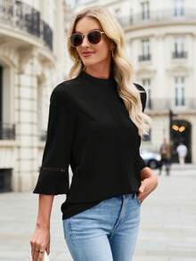 Funlingo Women's 3/4 Sleeve Tops Dressy Casual Mock Neck Tunic Shirt Business Office Work Blouses With Hollow Out Cuffs Easy Movement And A Smooth Drape - 黑色 - 查看 4