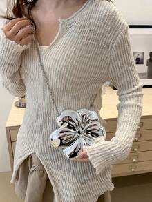 女款優雅迷你花卉鏈條斜挎包，金屬Y2K風格主題派對單肩包，時尚創意設計包，多功能小手機鑰匙零錢包，便攜戶外旅行度假化妝包，精緻花卉包 - 銀色 - 查看 6