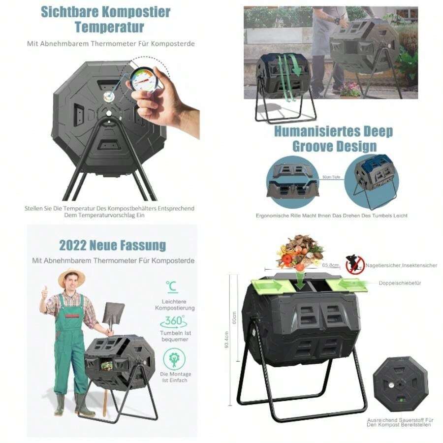 160L Upgraded Tumbling Composter With Compost Thermometer - Dual Chamber Garden Compost Bin Green - Green - View 1