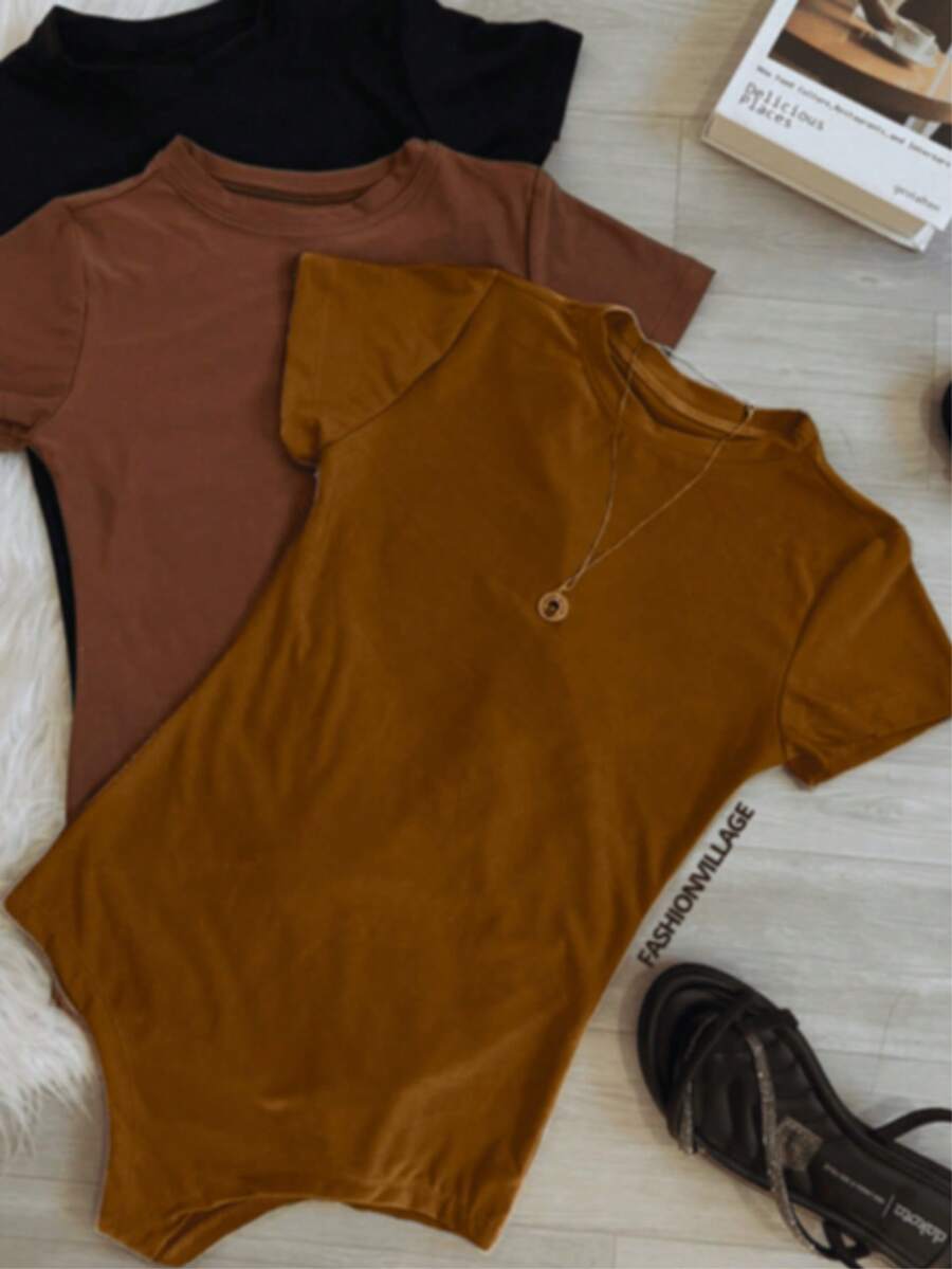Women's Crew Neck Bodysuit In Spandex, Summer Blogger Style 2025 - Camel - View 1