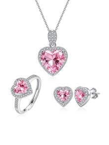 925纯银情人节粉色锆石首饰三件套：项链、戒指、耳环、礼盒，女士情人节礼物 - 銀色 - 查看 10
