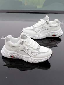 Zapatillas deportivas gruesas para hombres, adecuadas para todas las estaciones, versátiles, con malla transpirable para uso casual al aire libre, nuevos zapatos deportivos de estilo con suela gruesa - Blanco - Ver 3