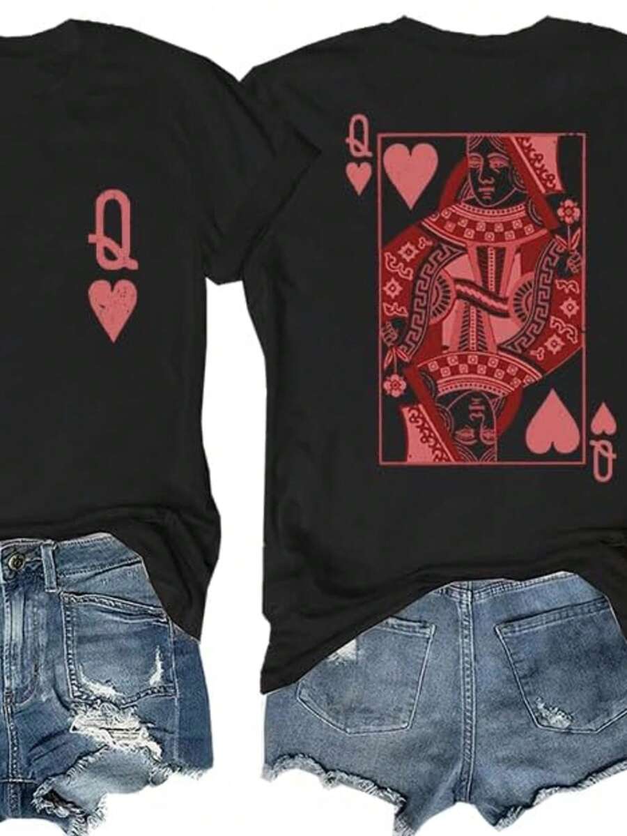 Plus Size-Funny Men's And Women's Round Neck Heart Queen Women Playing Card Queen Valentine's Day Graphic T Shirts Casual Tops - 黑色 - 查看 1