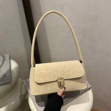 柔软PU皮革金属锁扣装饰复古贝壳法棍包，女士单肩包，新款女士手提包，小方包 - 卡其色 - 查看 7