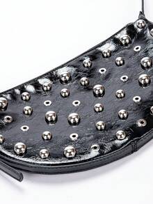 Studded Metallic Leather Shoulder Bag, Crescent-Shaped Y2K Bag, Women's Metallic Leather Crossbody Bag, Spring/Summer Fashion Women's Bag, New Valentine's Day Women's Bag. - Black - View 4