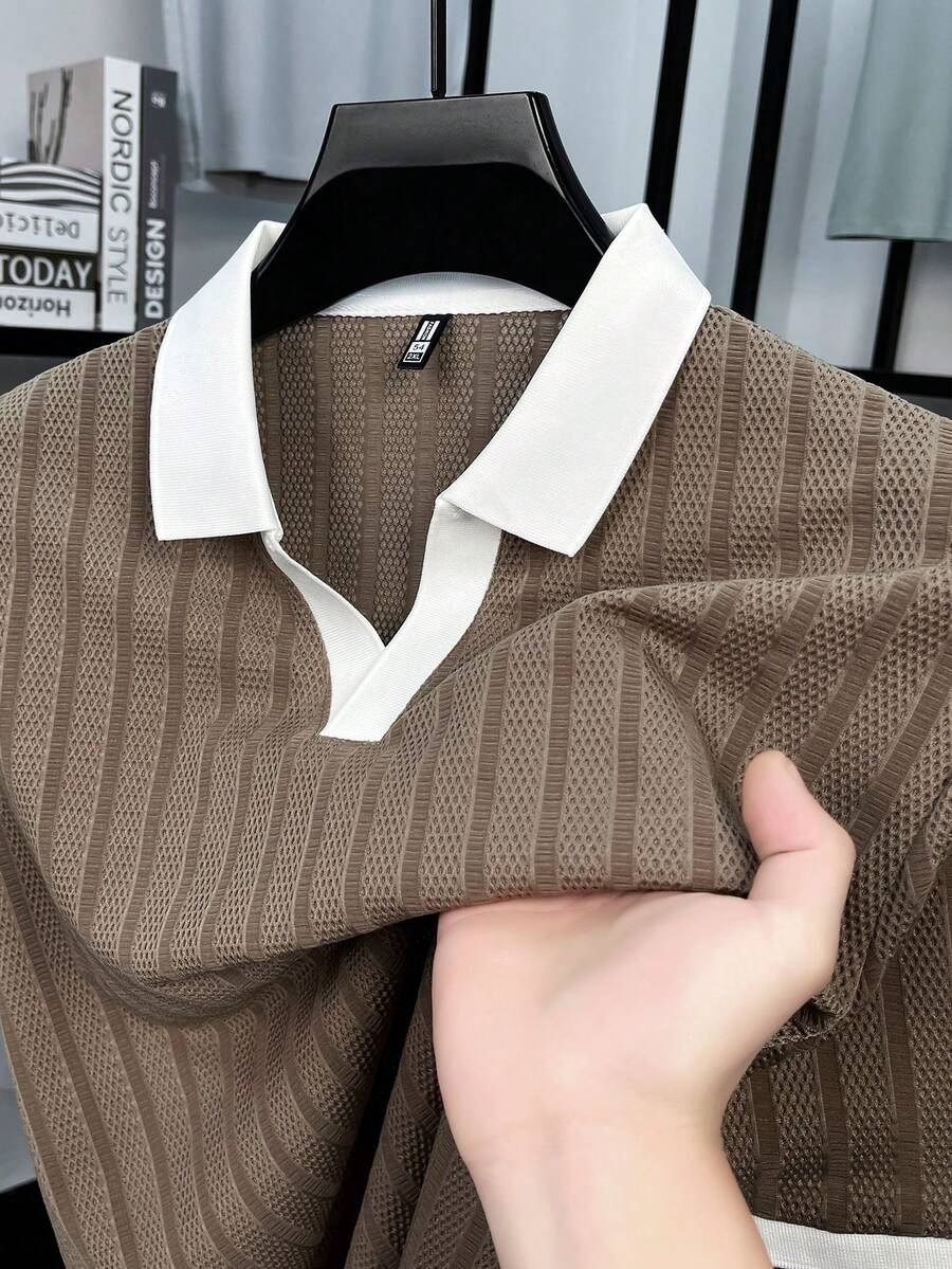 Áo polo nam tay ngắn cổ phối màu tương phản, chất liệu jacquard đục lỗ, kiểu dáng thường ngày. - Cà phê nâu - Xem 1