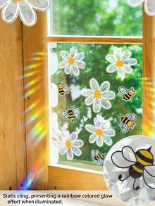 1 pieza Pegatina de ventana con abeja colorida y flor blanca, decoración de hogar de primavera, pegatina de ventana con girasol, atrapasol de arcoíris, pegatina de vidrio con patrón visual de doble cara - multicolor - View 3
