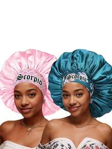 2 piezas Gorro de dormir de satén, Gorro de dormir de satén con estampado personalizado de 12 signos del zodíaco de ala ancha y elástico, Gorro de pelo de satén (estampado aleatorio) - Multicolor 2 piezas SM12+15/1 - Ver 26