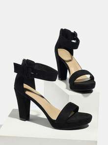 Giày sandal cao gót màu đen trơn dành cho nữ, kiểu dáng thoải mái, đa năng, hở mũi, mũi tròn, đế dày, quai cài mắt cá chân, gót kín, khóa kéo phía sau, phù hợp cho công sở, hàng ngày, dự tiệc, thanh lịch và thời trang. - màu đen - Xem 6