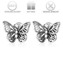 1 Pair 925 Sterling Silver Vintage Hollow Butterfly Design Stud Earrings For Women, Suitable For Casual Daily Wear, Great Gift - Antique Silver - View 7