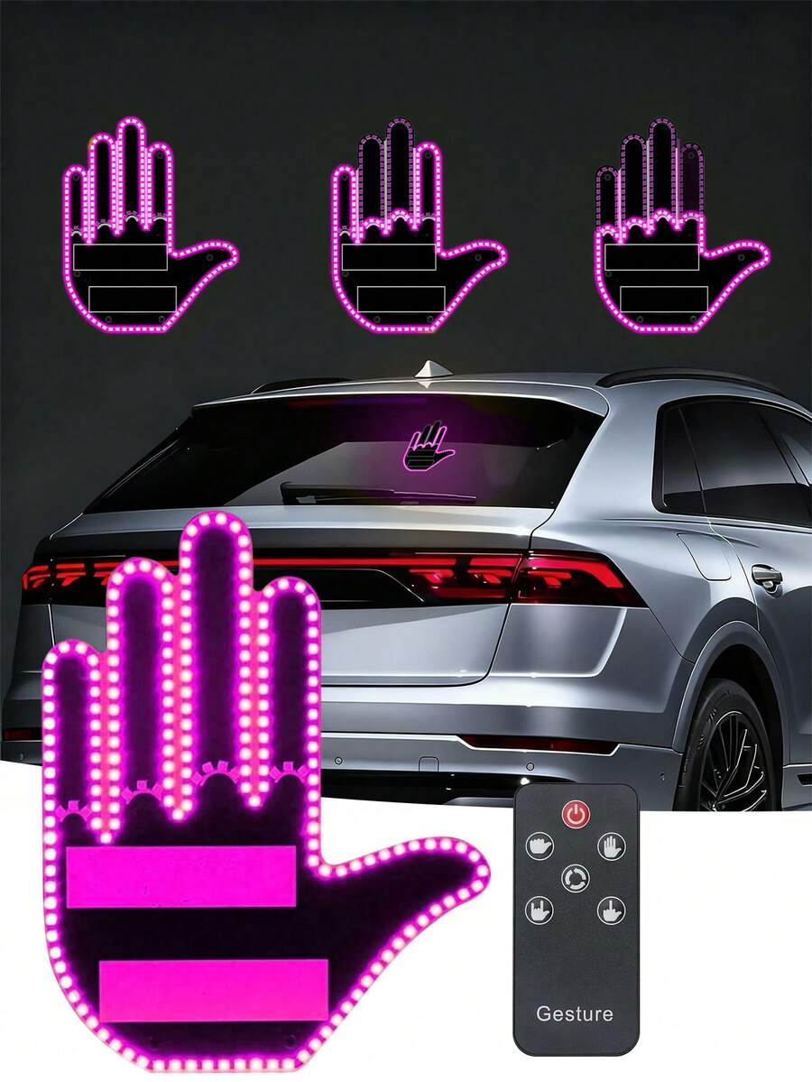 1 pieza Luz de gesto LED, Luz de decoración de coche divertida, Luz de gesto de coche, Nueva luz de señalización LED para ventana trasera de coche, 4 modos, a pilas, control remoto, accesorios para coche - Multicolor - Ver 1