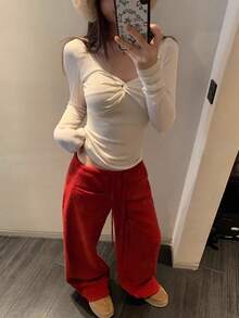 New Twist Knot V-Neck Slim Fit T-Shirt For Women, Spring/Autumn - Apricot - View 5