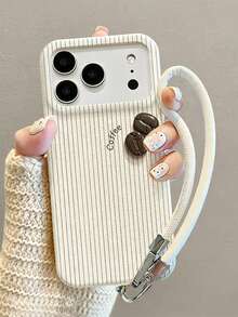 1个白色时尚新款3D咖啡豆皮革纹理手机壳，配有3D卡通咖啡豆图案和白色时尚挂绳，适用于 17 Pro Max/16 Pro Max/13/15/16/15 Pro Max/17 Pro/14/11，3D咖啡豆白色挂绳手机保护壳