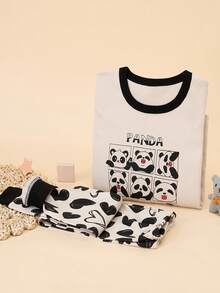 Girls' Cotton Panda Cartoon Print Pajama Set, Long Sleeve Top And Pants, Homewear For Teens, Spring/Autumn - Beige - View 12