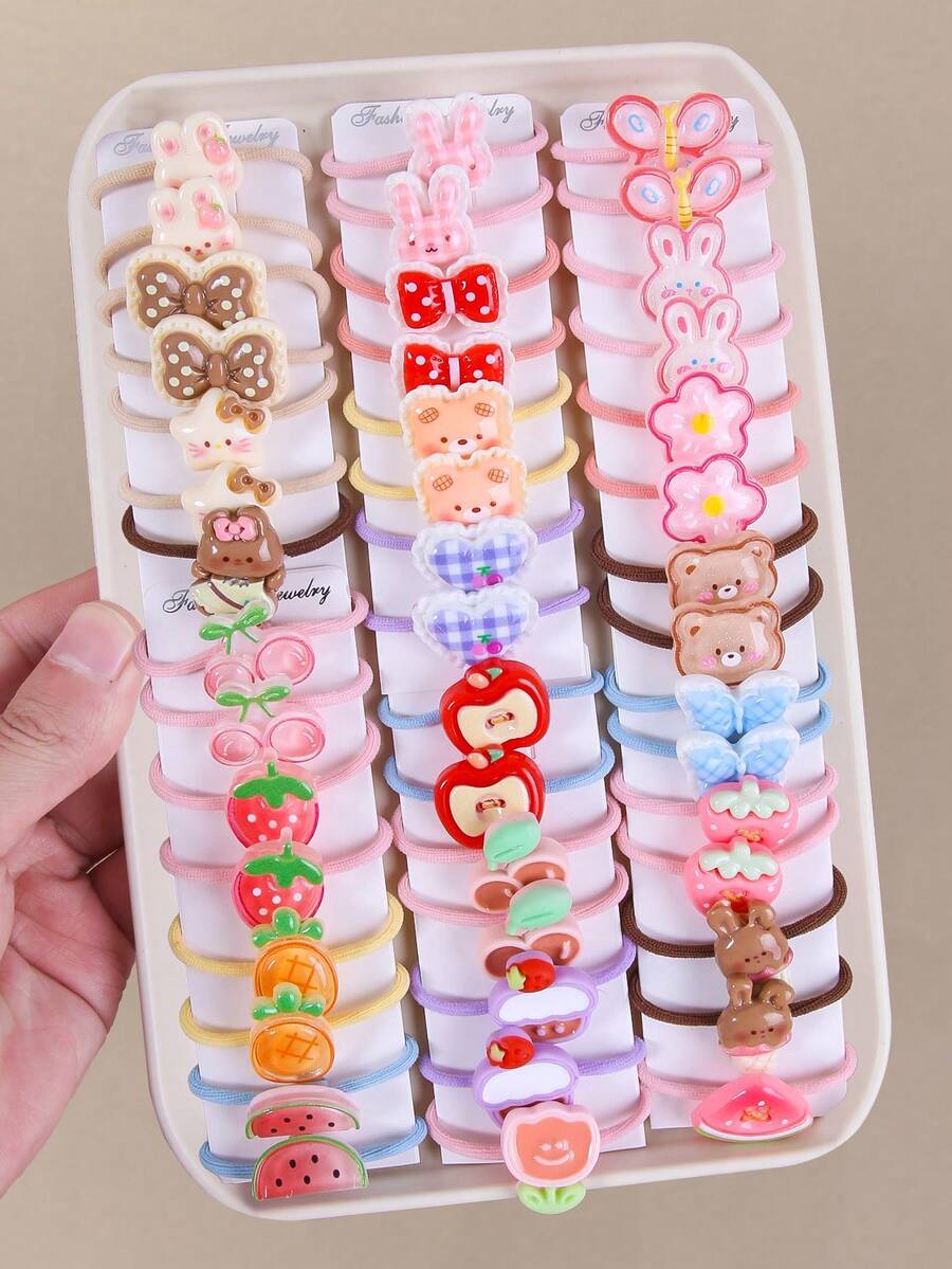 30pcs/Pack Multicolor Flower, Cake, Fruit, Bow Hair Scrunchies, Cute Princess Style, High Elasticity, Durable, Non-Damaging, Hair Ties, Fashion Versatile Hair Accessories, Suitable For Daily Use And Back To School - Multicolor - View 1