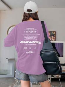 Women's Oversized Printed T-Shirt - Cheerful Paradise Phrase - Loose, Casual, Stylish, Modern, And Cool Blouse - 紫丁香 - 查看 4