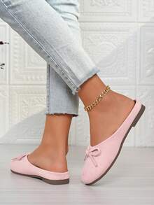 Zapatos planos sin cordones para mujer, unicolor con lazo y punta redonda, mules para exteriores para primavera y verano - Rosa - Ver 4