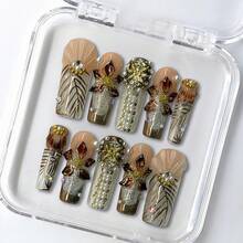 NailLush 10 PCS Handmade Square Press-On Nails | Vintage Opulent Luxury Nude-Gold-Brown Acrylic Nails, 3D Textured Floral & Pearl Cluster Embellished Glitter - 棕色 - 查看 2