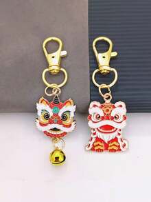 2pcs/Set Chinese Style Spring Festival Lion Dance Bell Keychain Set | Zinc Alloy Pendants With Lobster Clasp, Festive Decoration For New Year - Multicolor - View 13