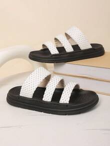 1 par de sandalias planas de verano para mujer con nuevos diseños versátiles y para exteriores, con rhinestones y suela suave - Beis - Ver 7