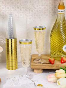 50只/25只/10只装 高级可重复使用香槟杯 透明金/银边银色香槟杯、鸡尾酒杯、派对杯、祝酒杯，饰以金色细纹，适合野餐、婚礼派对等场合 - 藍色 - 查看 6