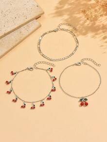 3件套夏季甜美樱桃吊坠脚链，可爱樱桃流苏脚链，时尚女士脚链套装，适合日常佩戴、海滩、派对、约会等场合。手工制作，链长和樱桃数量均可调节。 - 彩色 - 查看 2