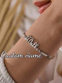 Customized Women's Stainless Steel Bracelet With Personalized Nameplate, Letter, Heart, Hollow Butterfly Design, Jewelry Gift For Women, Wedding, Valentine's Day - Silver Bracelet - View 3
