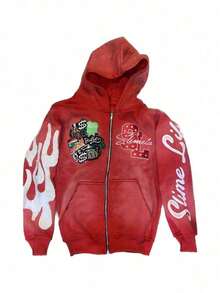 2025 Letter Embroidered Zipper Hooded Embroidered Street Y2k Men's And Women's Same Sweatshirt - 紅色 - 查看 1