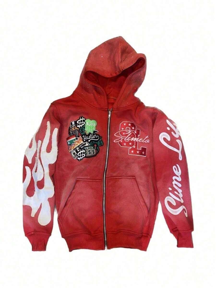 2025 Letter Embroidered Zipper Hooded Embroidered Street Y2k Men's And Women's Same Sweatshirt - Đỏ - Xem 1