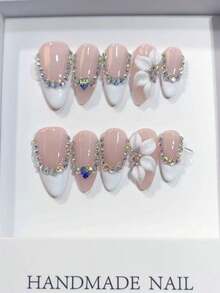 Bộ 10 móng giả cao cấp, kiểu dáng nhẹ nhàng và thanh lịch, được vẽ tay với họa tiết chạm khắc 3D, đính đá lấp lánh, thích hợp cho các buổi tiệc quan trọng, dạ hội sinh nhật, Tết Nguyên đán và Lễ Tình nhân. - Hồng - Xem 2