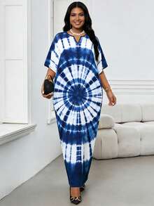 女士V领印花休闲宽松连衣裙，适合斋月、毕业季、返校派对、约会和日常穿着等各种场合。 - 淺藍色 - 查看 6