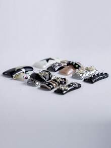 10Pcs Premium Handmade Long Duck Bill 3D Dollar Sign Star-Moon Bag Embellishments Black White Nude Pink Rhinestone Rivet Edgy High-Street Style Reusable Gift For Trendsetters Summer Easter - 彩色 - 查看 3
