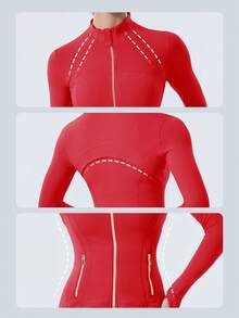 Women's Long Sleeve BBL Jacket With Pockets And Thumb Holes, Running Workout  Activewear Top - Năm mới Đỏ/Vàng - Xem 3