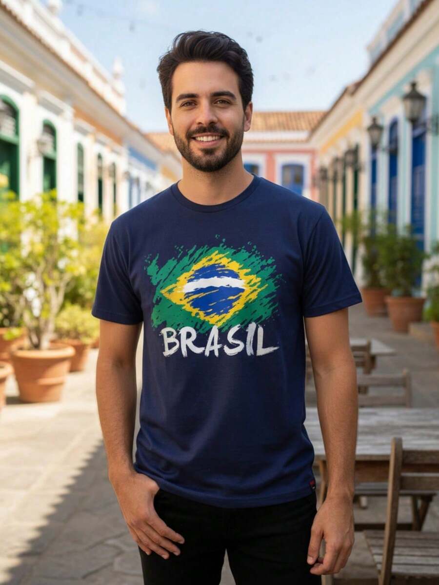 Brazilian National Team Fan T-Shirt With Green And Yellow Flag, Unisex Casual Shirt, World Cup Brazil - Navy Blue - View 1