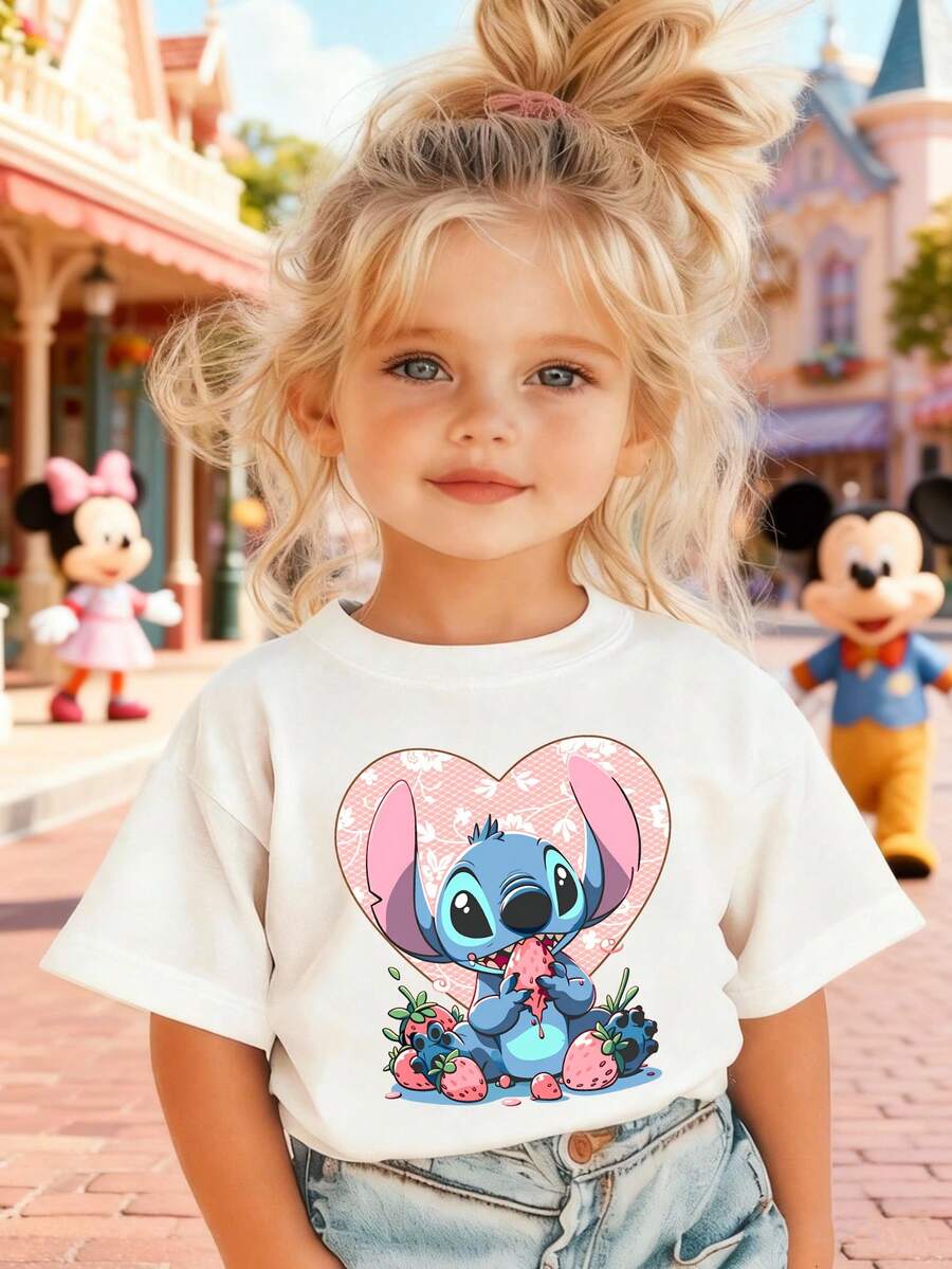 Disney Girls' T-Shirt, Creative Stitch Heart-Shaped Cartoon Print, Summer Cotton Crew Neck Short Sleeve For Girls, Suitable For Everyday Wear, Vacations, Outdoor Activities, And As A Gift For Children. - White - View 1