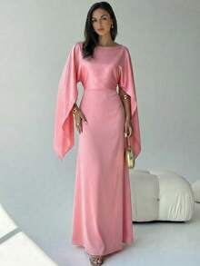 休闲优雅女士连衣裙，船领，超长袖，后背系带，A字裙摆，光滑梭织面料，粉色春季休闲连衣裙 - 粉色 - 查看 6