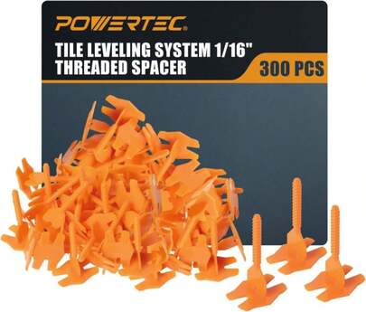 POWERTEC Tile Leveling System 1\/16" Threaded Spacer Clips, Flat Base Strap For Spacing And Leveling Tiles 300 Pieces (72107-P3)