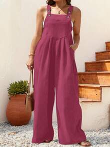 Plus Size Women's Pleated Wide Leg Casual Solid Color Jumpsuit With Pockets, Spring/Summer - Red Violet - View 3