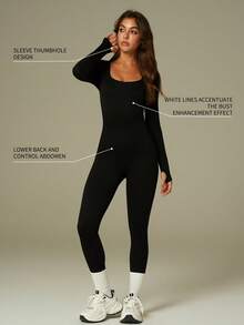 UONNOU Jumpsuit Olahraga Bergaris Pengangkat Bokong Bentuk Buah Persik, Bodysuit Yoga Lengan Panjang Leher Persegi untuk Musim Gugur dan Musim Dingin - Hitam - View 2