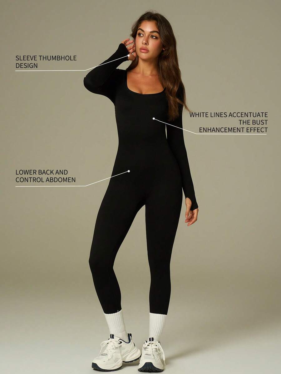 UONNOU Jumpsuit Olahraga Bergaris Pengangkat Bokong Bentuk Buah Persik, Bodysuit Yoga Lengan Panjang Leher Persegi untuk Musim Gugur dan Musim Dingin