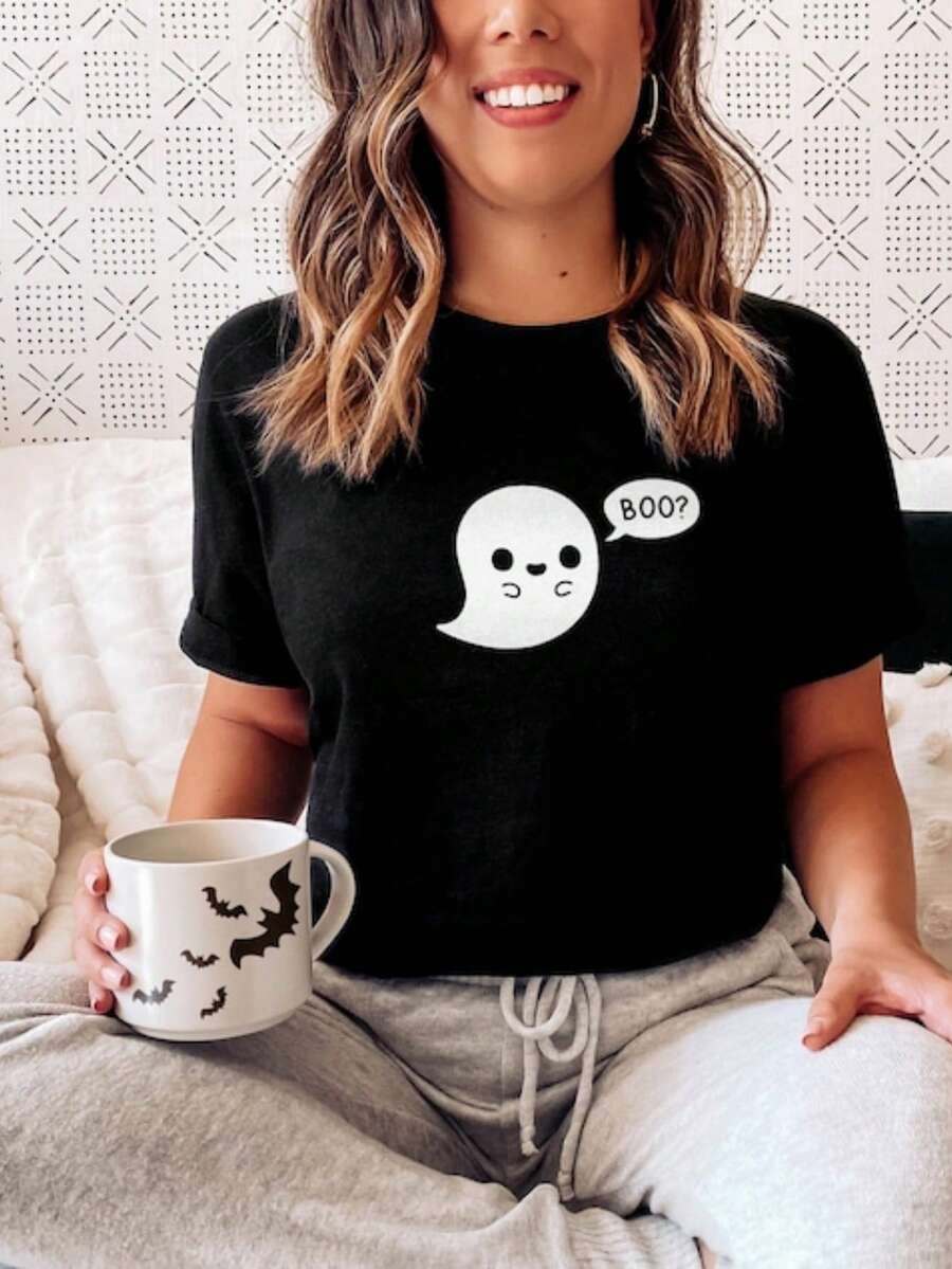 Cute Ghost Halloween T-Shirt - Glow In The Dark Halloween T Shirt - Negro - Ver 1