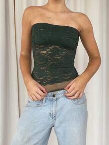 Women's Floral Lace See-Through Tube Top - Off-Shoulder Sleeveless Crop Top, Summer Streetwear Beachwear - 軍綠色 - 查看 1