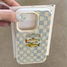 1 funda de teléfono de moda no incluye cordón ni soporte. Diseño ilustrado de peces coloridos a cuadros azules, funda de teléfono color blanco marfil con textura de lichi, adecuada para 17, 16, 15, 14, 13, 12, 11 Plus Pro Series. Una funda protectora elegante y personalizada de estilo moderno, con un diseño minimalista, adecuada para el 17. - Blanco - Ver 3