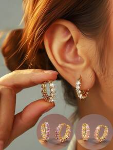 زوج من أقراط الحلقة المرصعة بالزركونيا الفاخرة، أقراط زركونيا أنيقة، أقراط نمط متنوع مناسبة للارتداء اليومي والمناسبات، أقراط دقيقة وحيوية متعددة الألوان للنساء - أقراط - مشاهدة 2