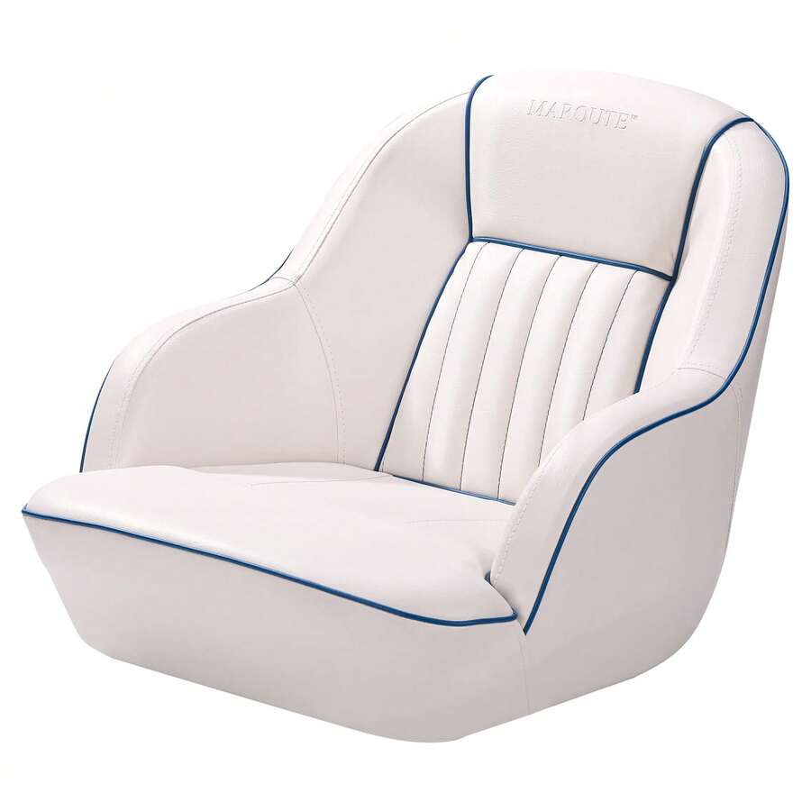 Pontoon Captain Bucket Seat With Thickened Sponge Padding, High Back Waterproof Boat Cabin Chair Boat Seats With Curved Armrest & Standard Mounting - White-blue - View 1