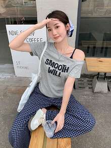 修身性感露肩字母印花长袖短款上衣 - 花灰色 - 查看 8