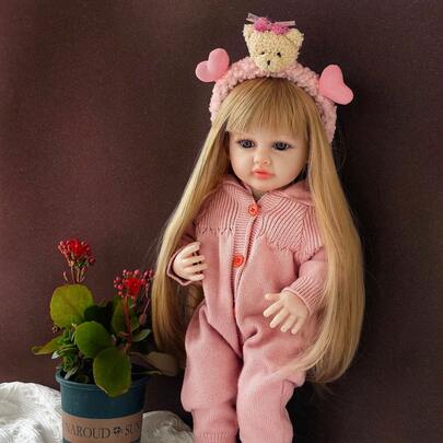 22英寸（约55厘米）逼真重生娃娃，全乙烯基身体，长发公主幼儿玩具，生日礼物，娃娃，柔软乙烯基，儿童娃娃，浴缸娃娃，陪伴玩具，过家家玩具，生日礼物，圣诞礼物（包含奶嘴、奶瓶、尿布、出生证明）