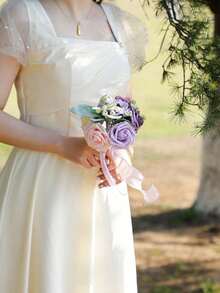 1pc Bride's Multi-Head Lace Bouquet, Contrast Lotus Leaf & Rose Bouquet, Bridesmaid Ribbon Bow Bouquet, Valentine's Day Proposal Petite Bouquet, Outdoor Wedding Bride's Bouquet, Romantic Wedding Photography Prop